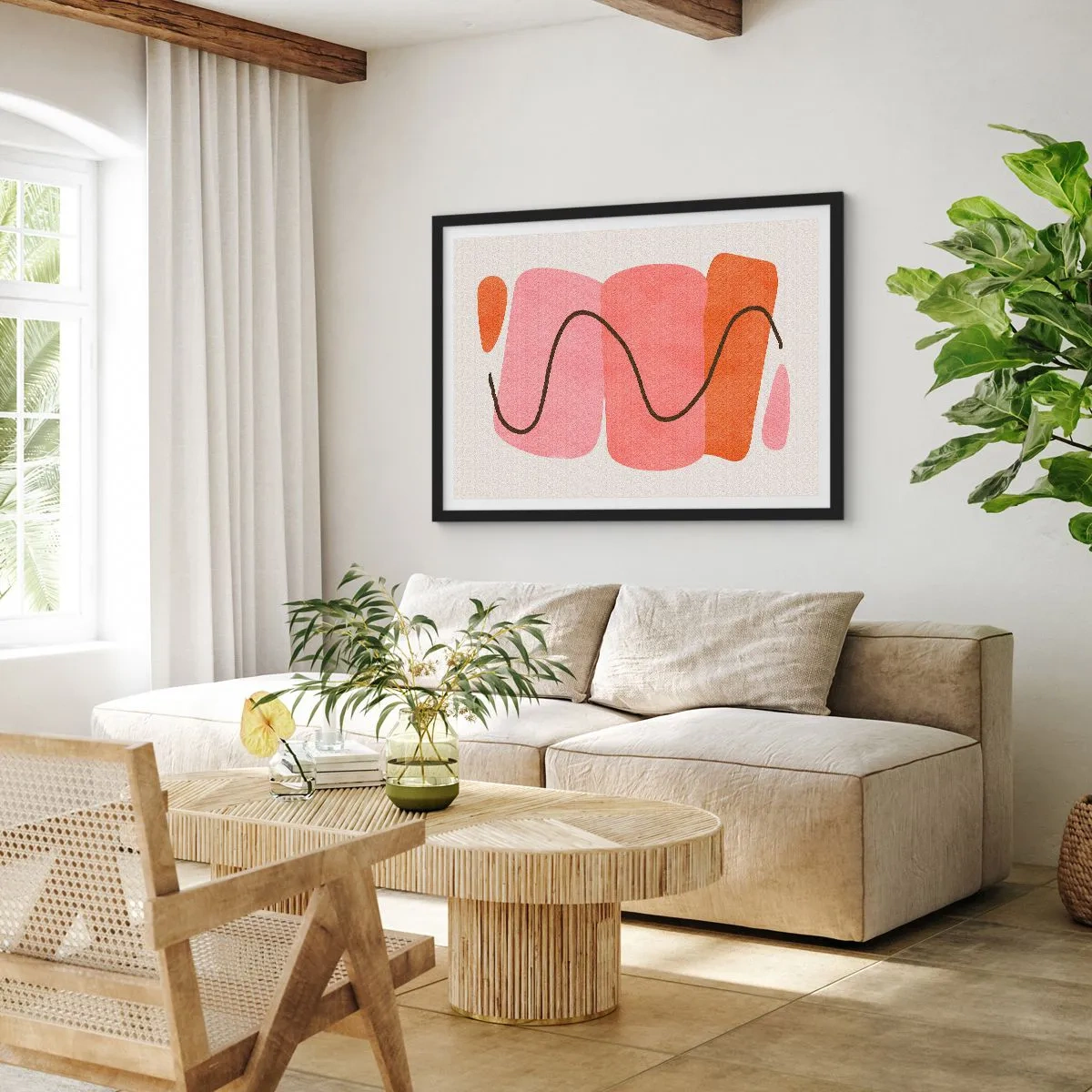 Póster en marco negro - Formas abstractas en tonos rosa y naranja. - 100x70cm - Suave movimiento de formas - Decoración de pared moderna para salón y dormitorio ARTTOR