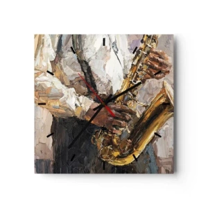 Reloj de pared - Reloj de vidrio - Un músico tocando el saxofón con un estilo artístico. - 30x30cm - Llegó el momento del solo - Decoración de pared moderna para salón y dormitorio ARTTOR