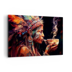 Cuadro sobre lienzo - Impresión de Imagen - Una colorida figura de estilo étnico con una taza de bebida humeante. - 120x80cm - Un ritual mágico - Decoración de pared moderna para salón y dormitorio ARTTOR