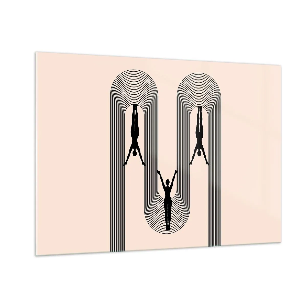 Cuadro sobre vidrio - Impresiones sobre Vidrio - Siluetas negras de figuras suspendidas en arcos rítmicos - 100x70cm - Al revés, o no - Decoración de pared moderna para salón y dormitorio ARTTOR