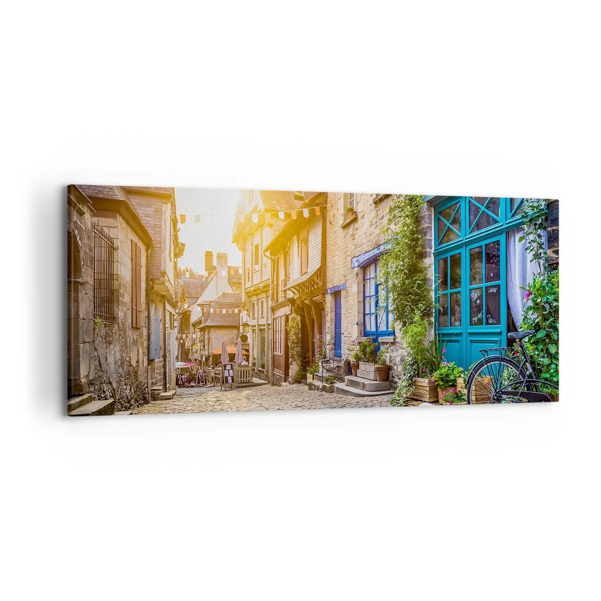 Cuadro sobre lienzo - Impresión de Imagen - Una encantadora calle con pavimento de piedra bajo la luz del sol. - 120x50cm - El fantasma blanco de la ciudad - Decoración de pared moderna para salón y dormitorio ARTTOR