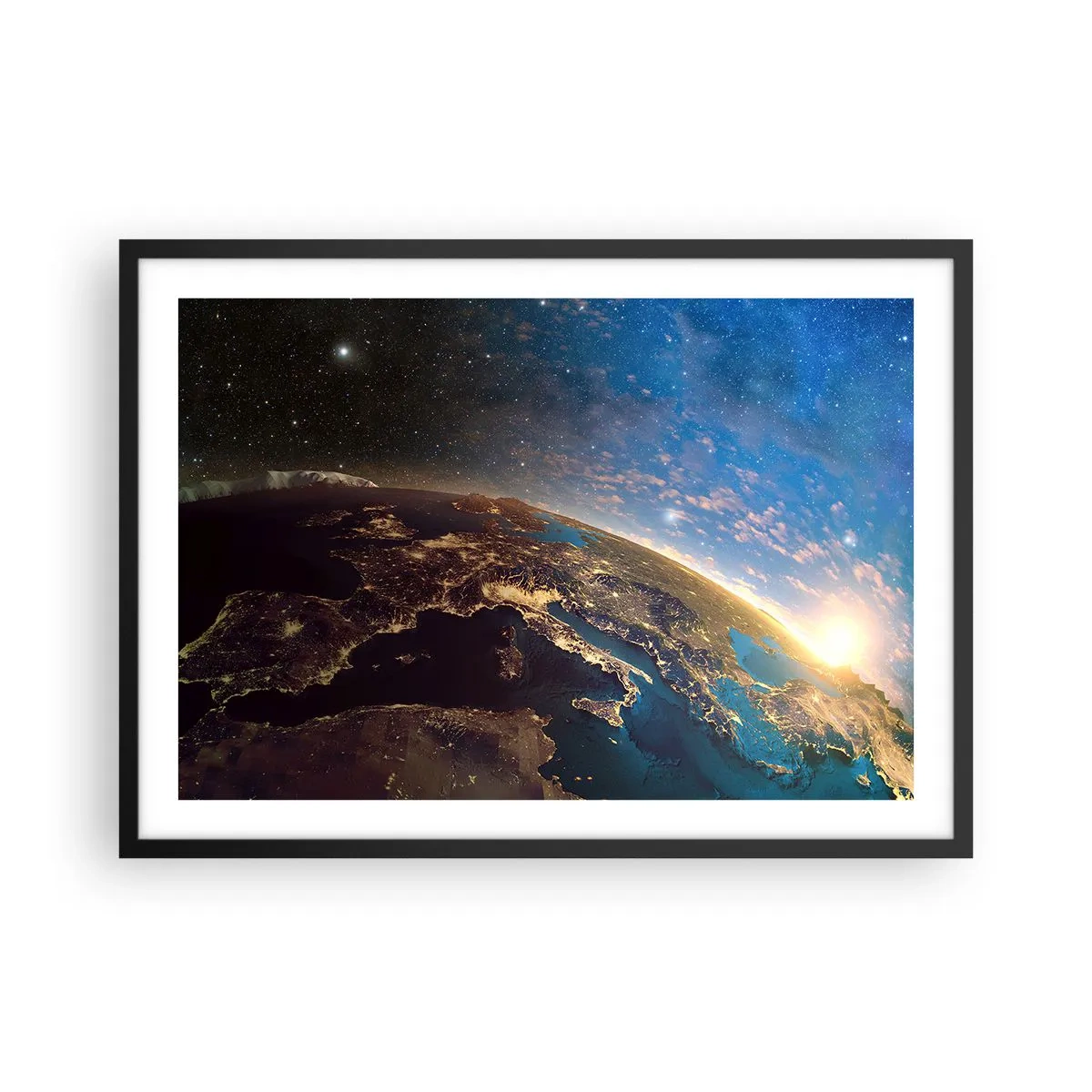 Póster en marco negro - Vista de la Tierra desde el espacio al amanecer - 70x50cm - Mirémonos a nosotros mismos desde la distancia - Decoración de pared moderna para salón y dormitorio ARTTOR