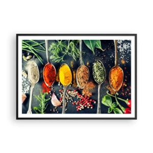 Póster en marco negro - Especias coloridas en cucharas con hierbas en el fondo. - 100x70cm - Magia culinaria - Decoración de pared moderna para salón y dormitorio ARTTOR