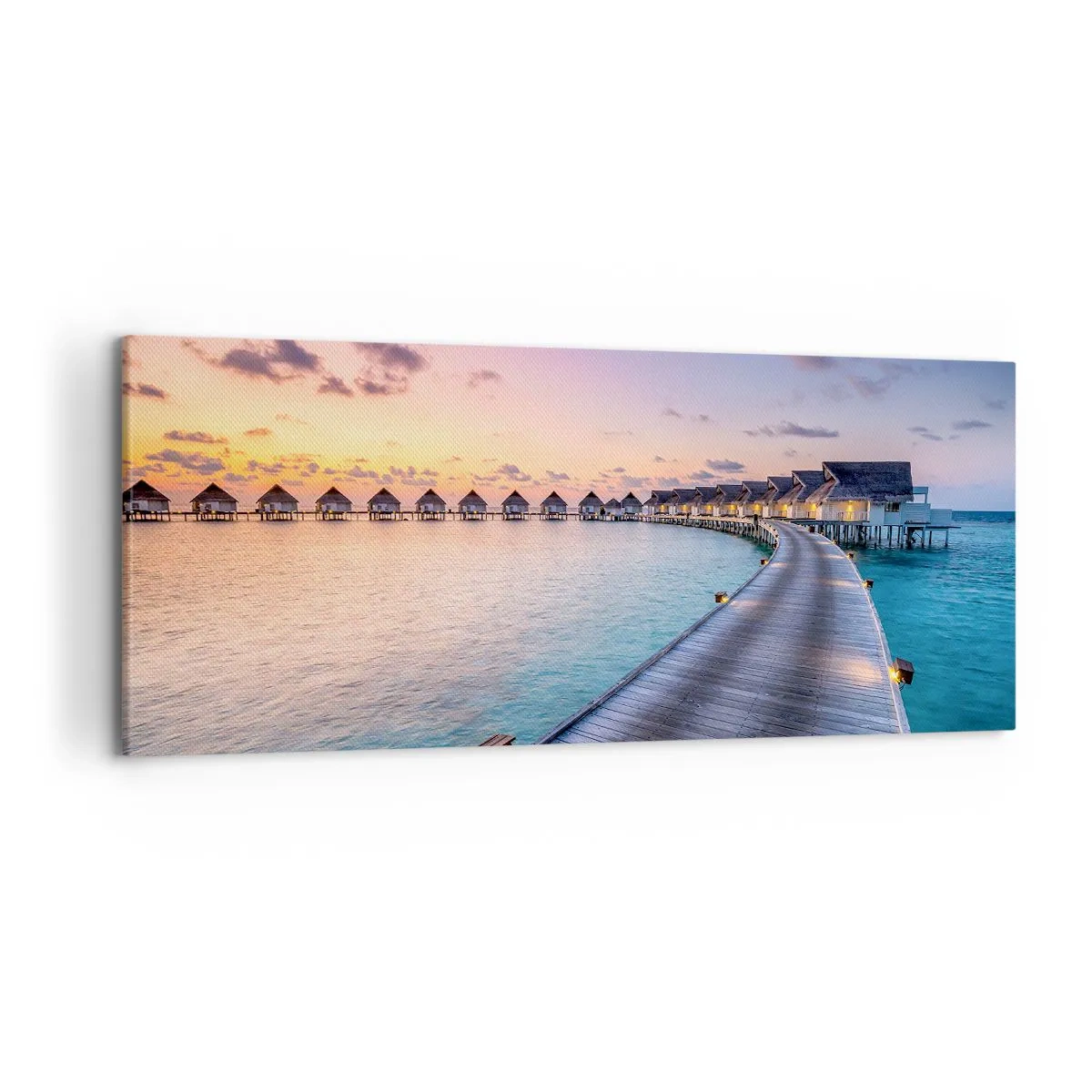 Cuadro sobre lienzo - Impresión de Imagen - El muelle que conduce a las cabañas frente al mar al atardecer. - 120x50cm - Vacaciones - volver al origen - Decoración de pared moderna para salón y dormitorio ARTTOR