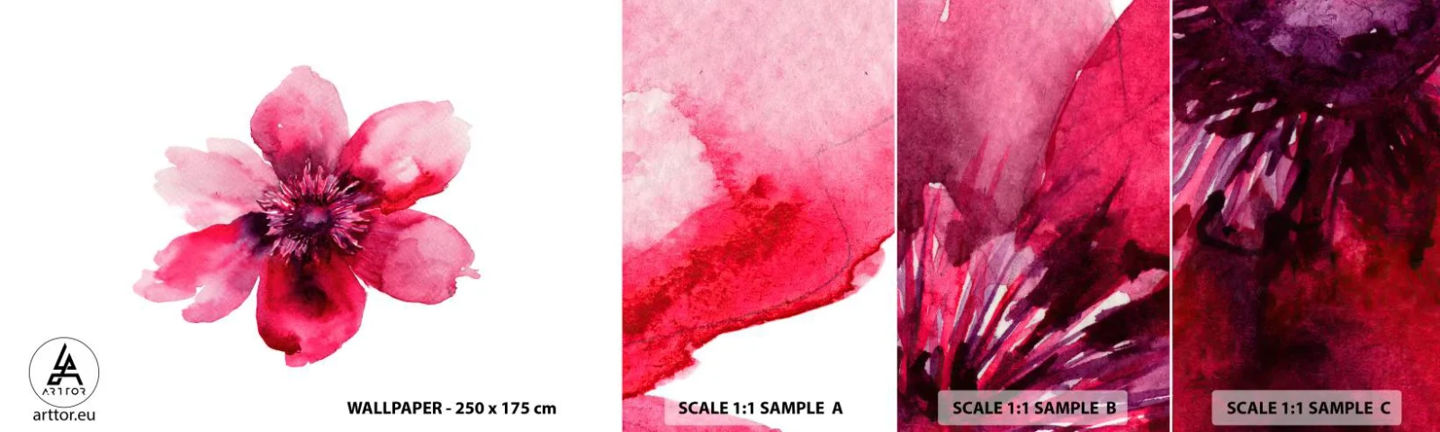 Muestra de fotomural autoadhesivo Deluxe Sticker - Un beso con aroma a carmín - Flor, acuarelas, Gráficos - 100x30 cm