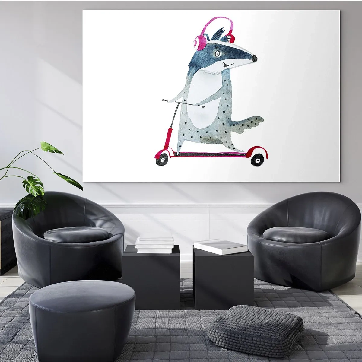 Cuadro sobre vidrio - Impresiones sobre Vidrio - Tejón con auriculares en un scooter de acuarela - 70x50cm - Alegrías de tejón - Decoración de pared moderna para salón y dormitorio ARTTOR