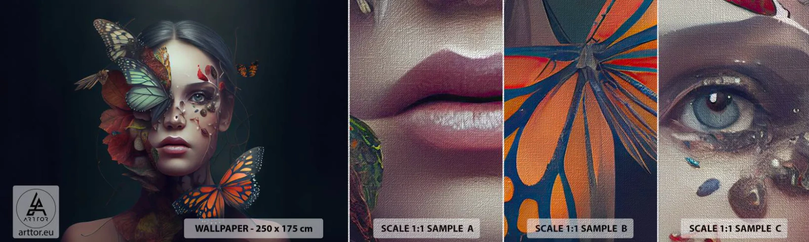 Muestra de fotomural Premium Canvas - Una metamorfosis maravillosa - mariposas, Rostro, Mujer - 100x30 cm