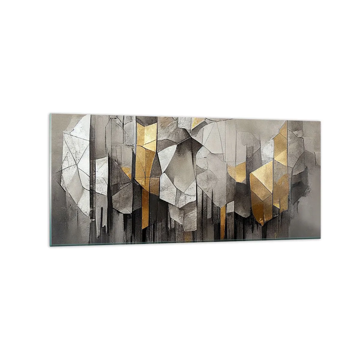 Cuadro sobre vidrio - Impresiones sobre Vidrio - Abstracción geométrica en tonos dorados y grises. - 120x50cm - Composición hecha de hielo y luz - Decoración de pared moderna para salón y dormitorio ARTTOR