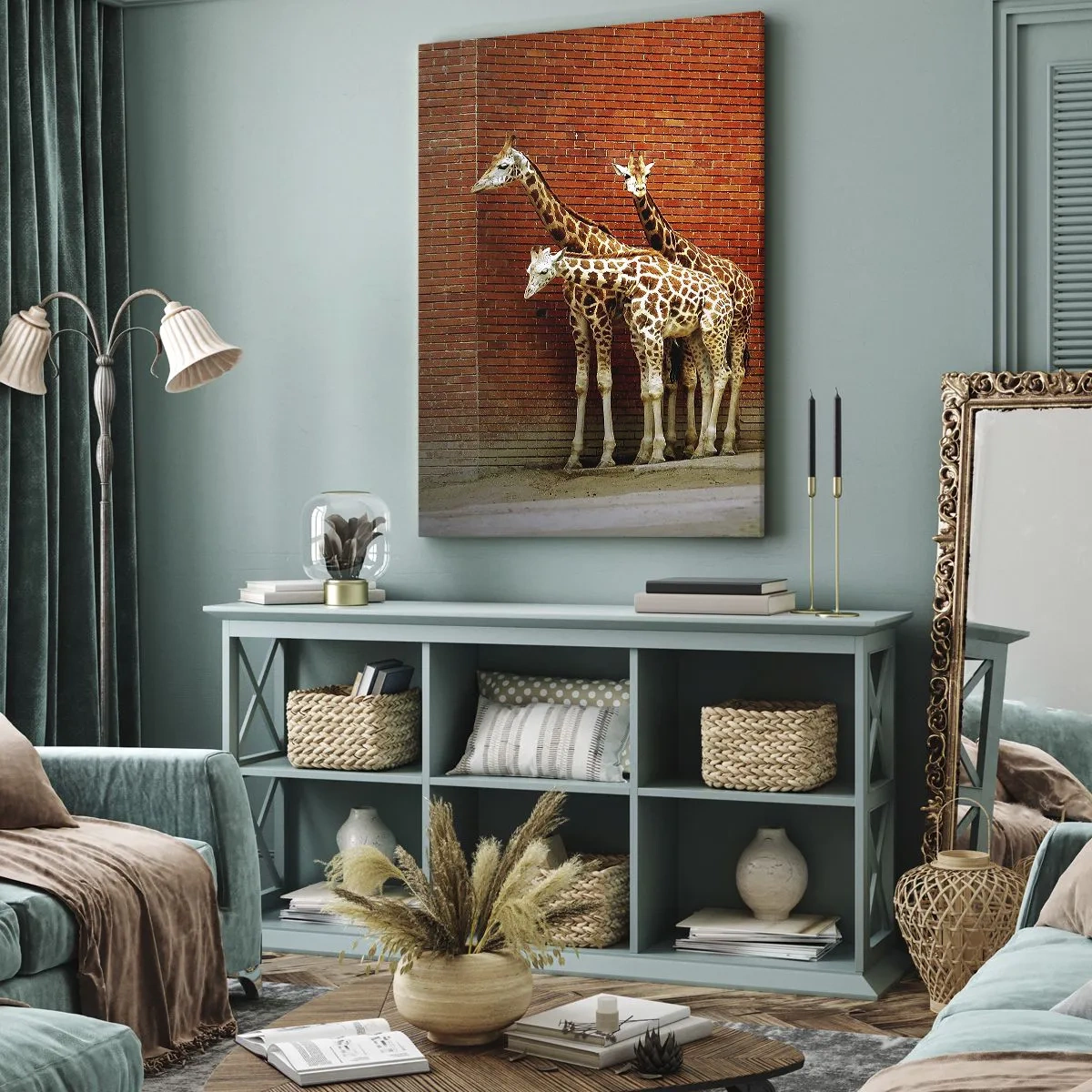 Cuadro sobre lienzo - Impresión de Imagen - Cuatro jirafas contra una pared de ladrillos en un entorno artístico. - 50x70cm - ¿Ves alguna acacia? - Decoración de pared moderna para salón y dormitorio ARTTOR