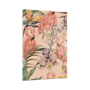 Cuadro sobre vidrio - Impresiones sobre Vidrio - Flamencos rodeados de flores y plantas tropicales. - 50x70cm - Un ballet rosa en flores - Decoración de pared moderna para salón y dormitorio ARTTOR