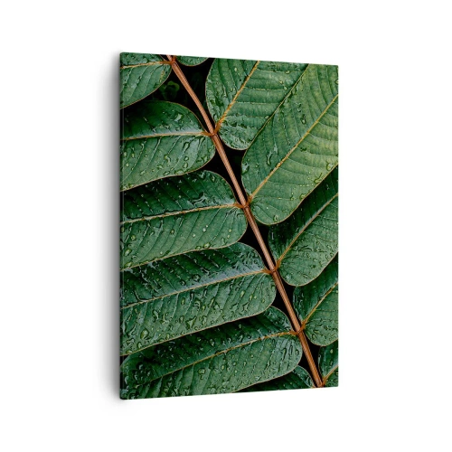 Cuadro sobre lienzo - Impresión de Imagen - Fotografía macro de hojas verdes con gotas de rocío. - 50x70cm - En un ritmo verde - Decoración de pared moderna para salón y dormitorio ARTTOR