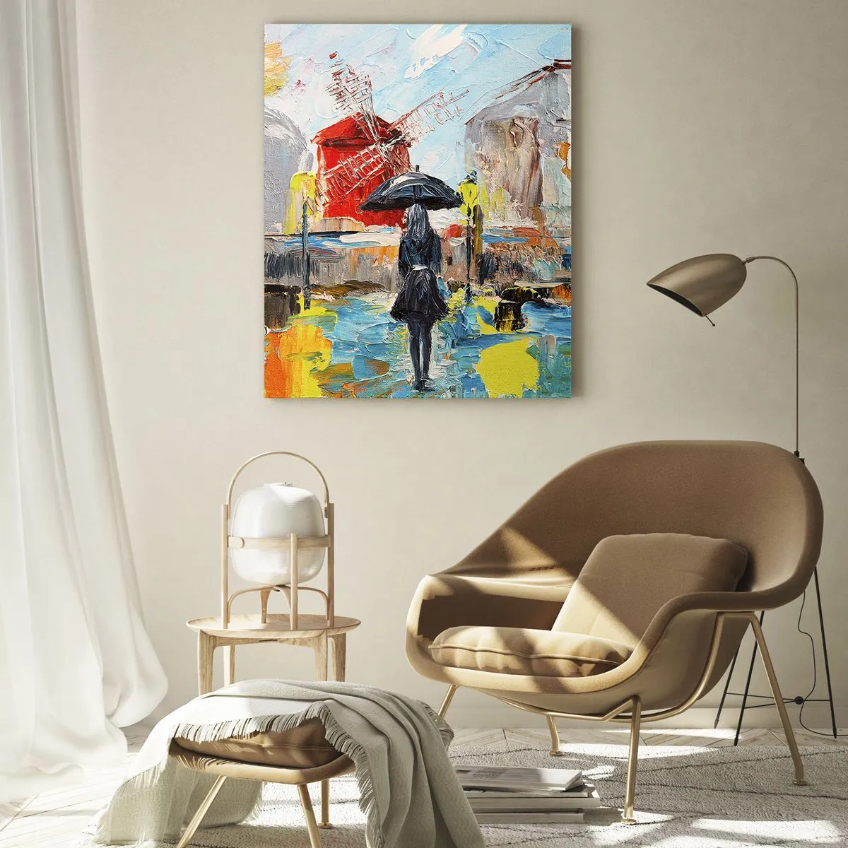 Cuadro sobre vidrio - Impresiones sobre Vidrio - Una escena pintoresca con un paraguas con el telón de fondo de París en colores vibrantes. - 70x100cm - Leyendas parisinas - Decoración de pared moderna para salón y dormitorio ARTTOR