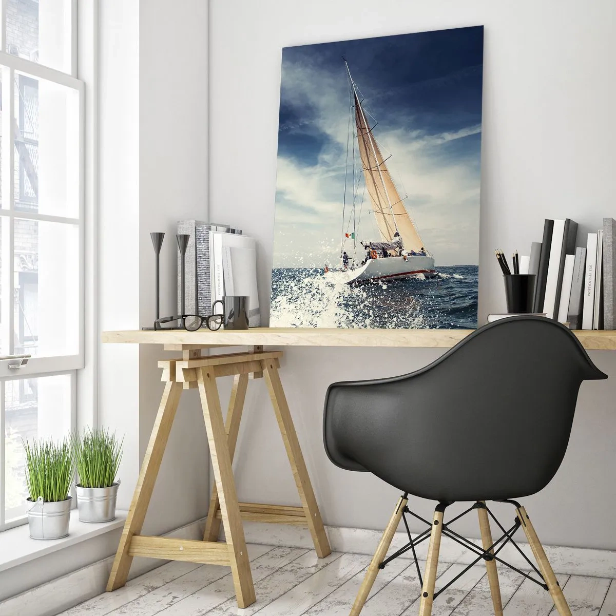 Cuadro sobre vidrio - Impresiones sobre Vidrio - Un yate navegando en un mar tempestuoso bajo un cielo azul. - 50x70cm - ¡No nos alcanzarán! - Decoración de pared moderna para salón y dormitorio ARTTOR