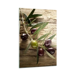 Cuadro sobre vidrio - Impresiones sobre Vidrio - Rama de olivo sobre un fondo de madera - 50x70cm - Directamente de la naturaleza - Decoración de pared moderna para salón y dormitorio ARTTOR