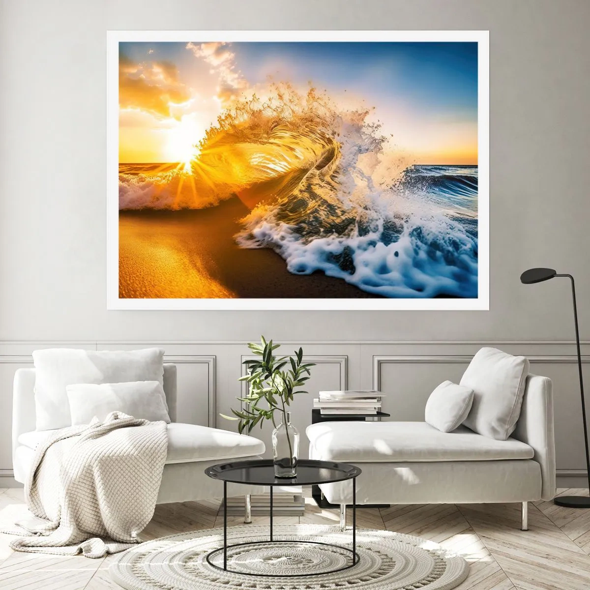 Póster - Una ola dorada con el sol poniente como telón de fondo. - 100x70cm - Jugando en la arena - Decoración de pared moderna para salón y dormitorio ARTTOR