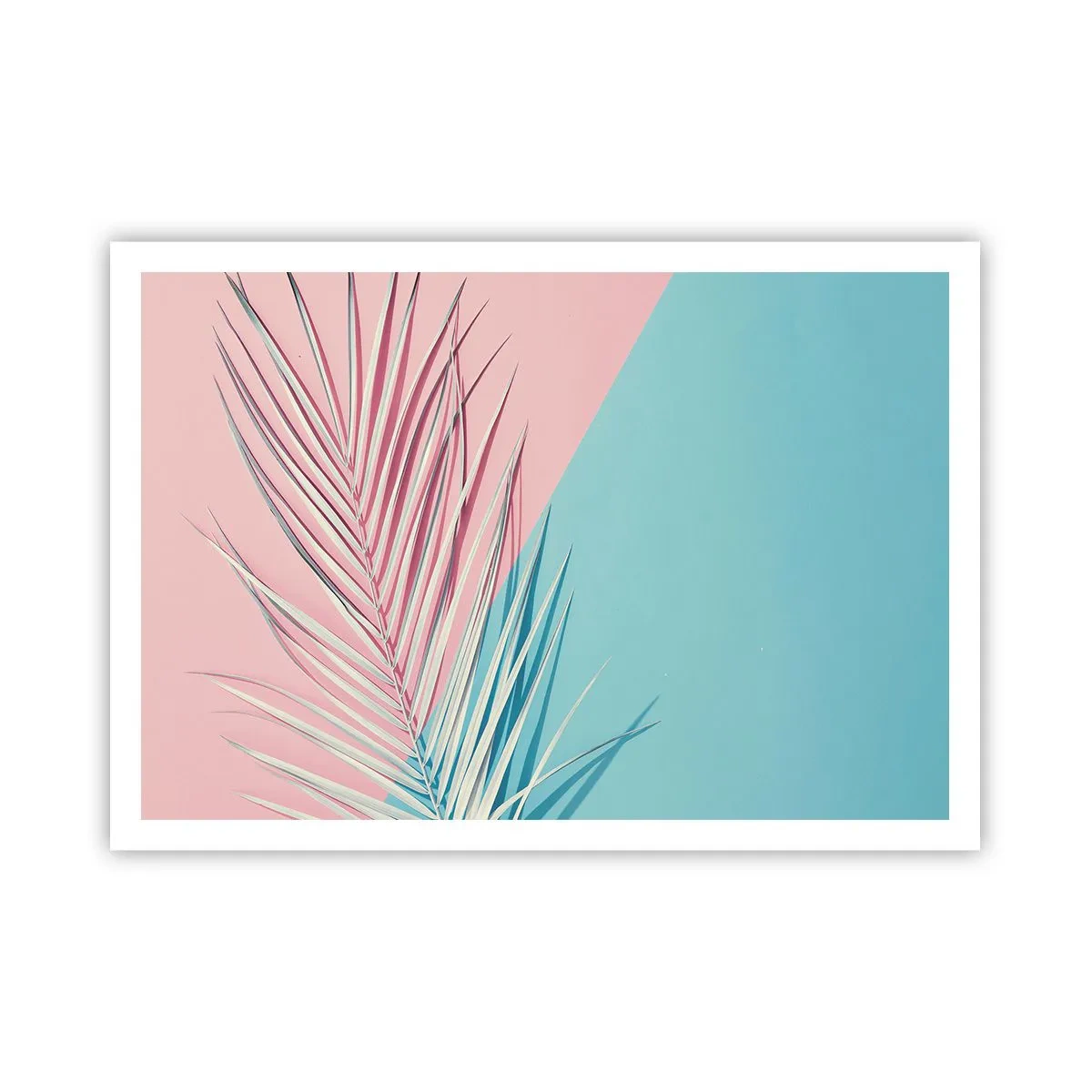 Póster - Hoja tropical sobre un fondo de tonos pastel de rosa y azul. - 100x70cm - Impresión tropical - Decoración de pared moderna para salón y dormitorio ARTTOR