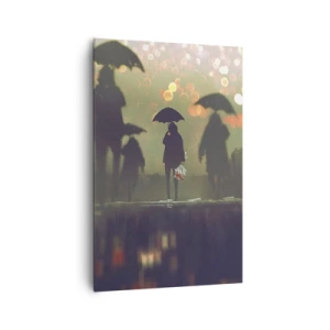 Cuadro sobre lienzo - Impresión de Imagen - Una figura con un paraguas en una tarde lluviosa entre las luces de la ciudad. - 80x120cm - Desde la perspectiva de una gota de lluvia - Decoración de pared moderna para salón y dormitorio ARTTOR