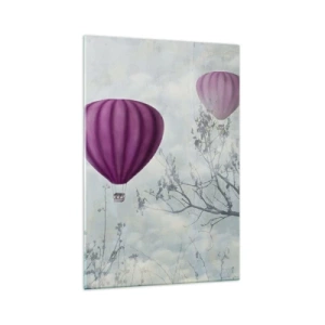 Cuadro sobre vidrio - Impresiones sobre Vidrio - Globos morados flotando sobre los árboles en las nubes. - 70x100cm - Surcando los cielos - Decoración de pared moderna para salón y dormitorio ARTTOR