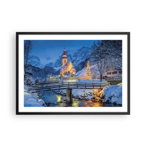 Póster en marco negro - Paisaje invernal con una iglesia, un puente y montañas al atardecer - 70x50cm - El espíritu de la Navidad - Decoración de pared moderna para salón y dormitorio ARTTOR
