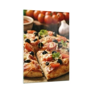 Cuadro sobre vidrio - Impresiones sobre Vidrio - Deliciosa pizza con tomates, aceitunas y hierbas. - 50x70cm - Delicioso aroma - Decoración de pared moderna para salón y dormitorio ARTTOR
