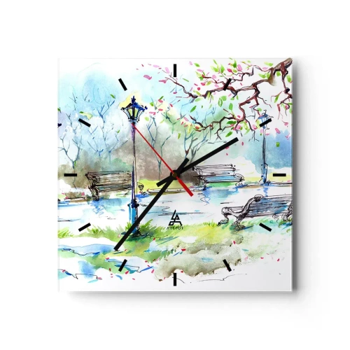 Reloj de pared - Reloj de vidrio - Escena de parque de acuarela con bancos y lámparas. - 30x30cm - El encanto del silencio del parque - Decoración de pared moderna para salón y dormitorio ARTTOR