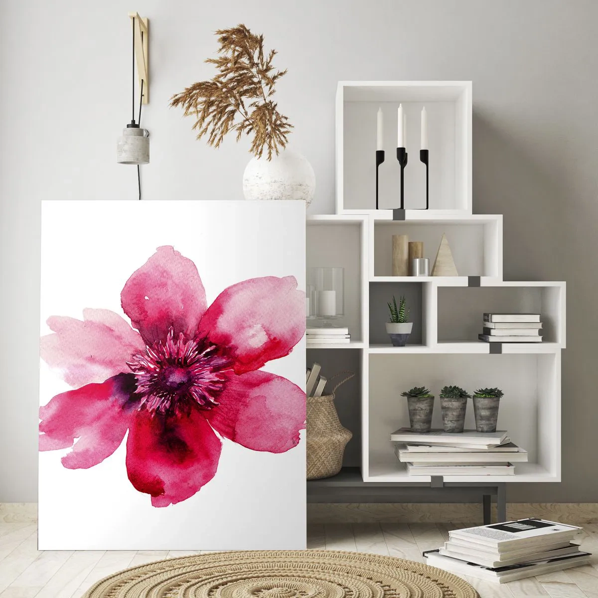 Cuadro sobre vidrio - Impresiones sobre Vidrio - Flor rosa en estilo acuarela sobre fondo blanco. - 80x120cm - Un beso con aroma a carmín - Decoración de pared moderna para salón y dormitorio ARTTOR