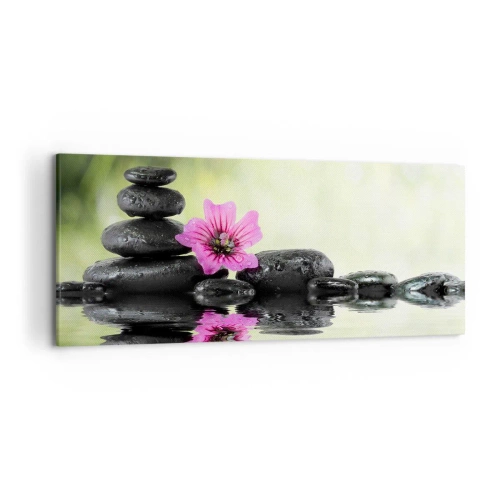 Cuadro sobre lienzo - Impresión de Imagen - Piedras zen y una flor rosa reflejada en el agua. - 120x50cm - Tiempo para el alma - Decoración de pared moderna para salón y dormitorio ARTTOR