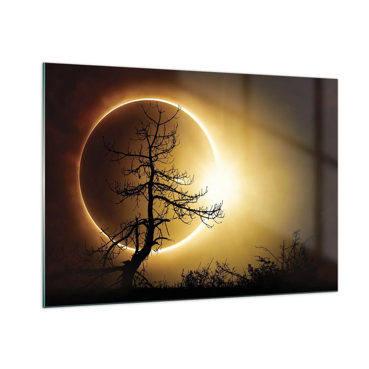 Cuadro sobre vidrio - Impresiones sobre Vidrio - Eclipse solar detrás del árbol. - 100x70cm - Eclipse total - Decoración de pared moderna para salón y dormitorio ARTTOR