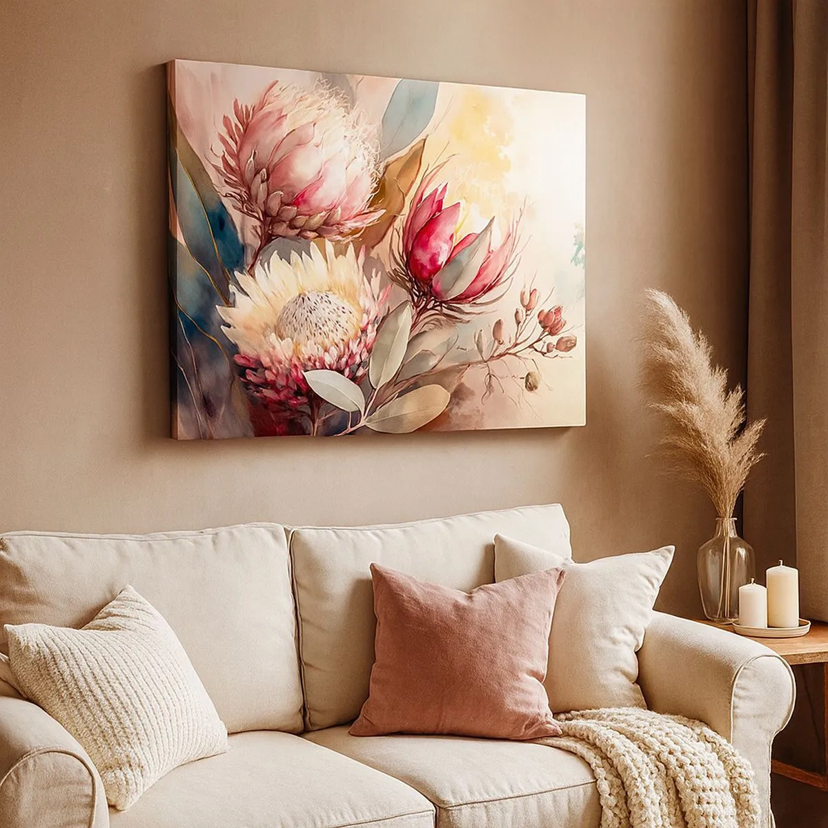 Cuadro sobre lienzo - Impresión de Imagen - Flores de protea en delicados tonos pastel. - 70x50cm - De perfil y de frente - Decoración de pared moderna para salón y dormitorio ARTTOR