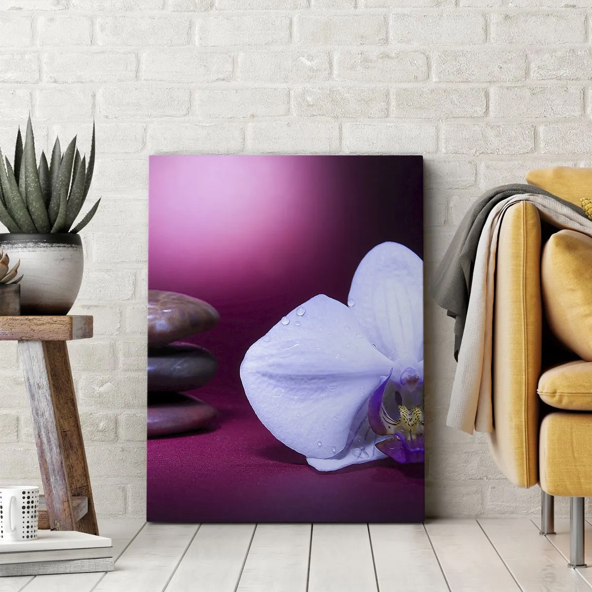 Cuadro sobre lienzo - Impresión de Imagen - Orquídea blanca y piedras sobre fondo rosa. - 80x120cm - Estudio de frescura en violeta - Decoración de pared moderna para salón y dormitorio ARTTOR