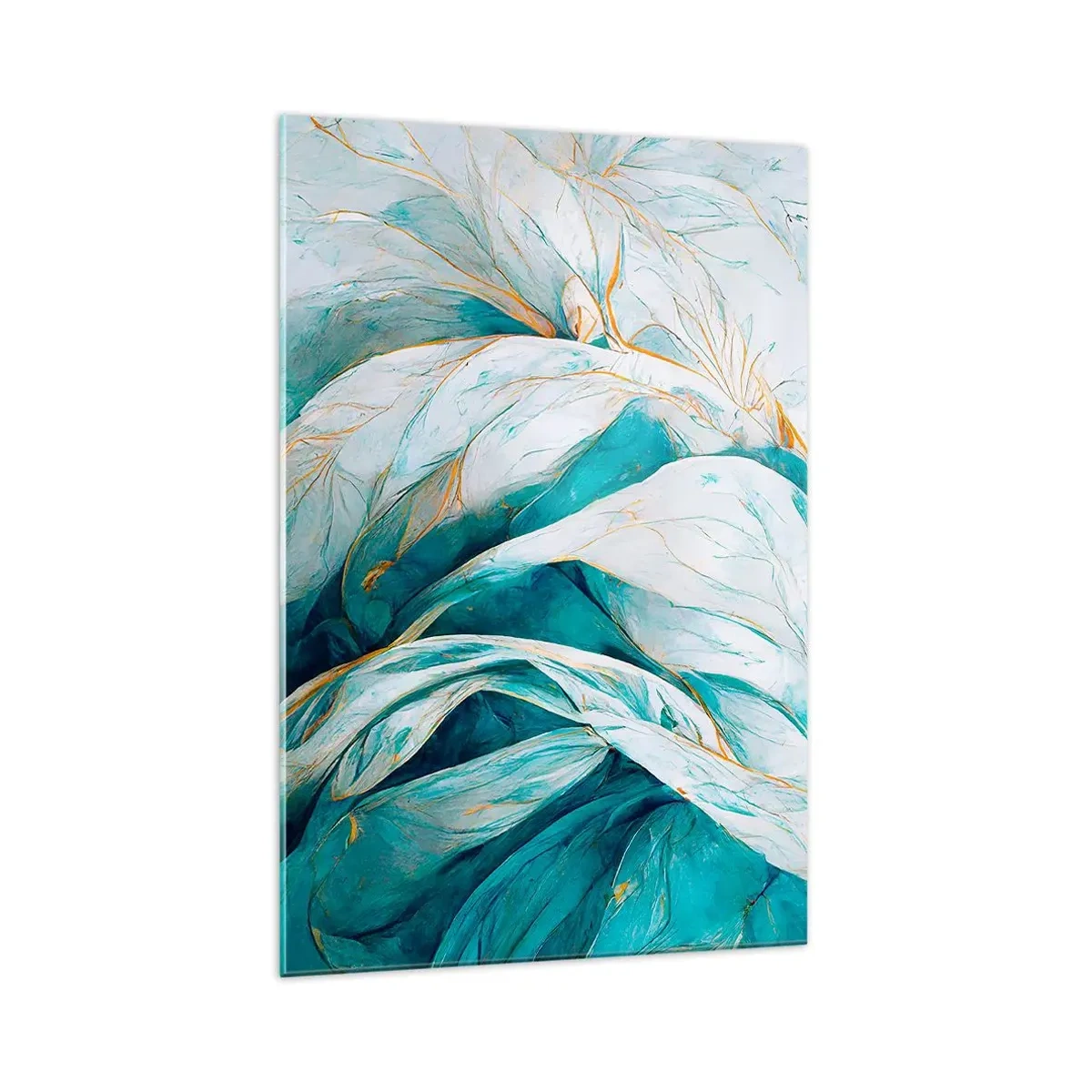 Cuadro sobre vidrio - Impresiones sobre Vidrio - Hojas azules abstractas con detalles dorados - 70x100cm - Abstracción azul con motivos dorados - Decoración de pared moderna para salón y dormitorio ARTTOR