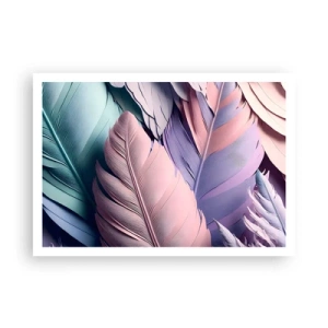 Póster - Plumas de colores en tonos pastel sobre un fondo claro. - 100x70cm - Pájaro chic - Decoración de pared moderna para salón y dormitorio ARTTOR