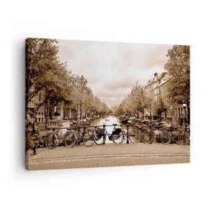 Cuadro sobre lienzo - Impresión de Imagen - Puente para bicicletas sobre el canal en sepia - 70x50cm - Holanda solo hay una - Decoración de pared moderna para salón y dormitorio ARTTOR