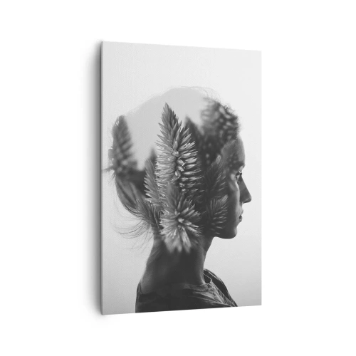 Cuadro sobre lienzo - Impresión de Imagen - Un retrato sutil con elementos de la naturaleza. - 80x120cm - La dama del bosque de pinos - Decoración de pared moderna para salón y dormitorio ARTTOR