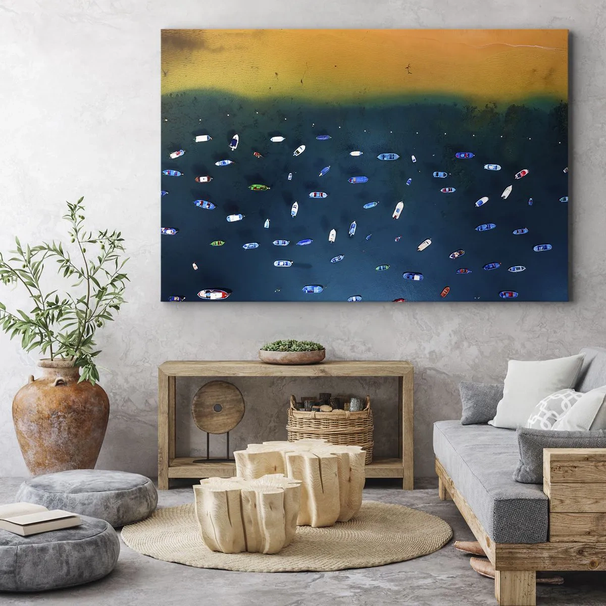 Cuadro sobre lienzo - Impresión de Imagen - Vista aérea de barcos en el agua y una orilla arenosa. - 70x50cm - Un juego de vacaciones - Decoración de pared moderna para salón y dormitorio ARTTOR