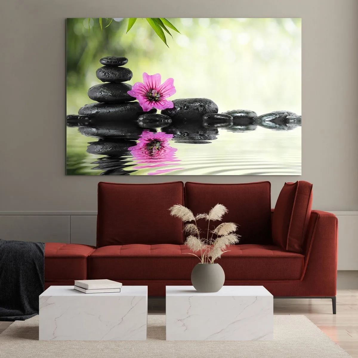 Cuadro sobre vidrio - Impresiones sobre Vidrio - Piedras negras y una flor rosa sobre un fondo de naturaleza. - 120x80cm - Tiempo para el alma - Decoración de pared moderna para salón y dormitorio ARTTOR