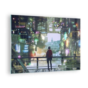 Cuadro sobre vidrio - Impresiones sobre Vidrio - Una figura sobre el fondo de una ciudad futurista con vistas al casco antiguo. - 70x50cm - Dos mundos - Decoración de pared moderna para salón y dormitorio ARTTOR