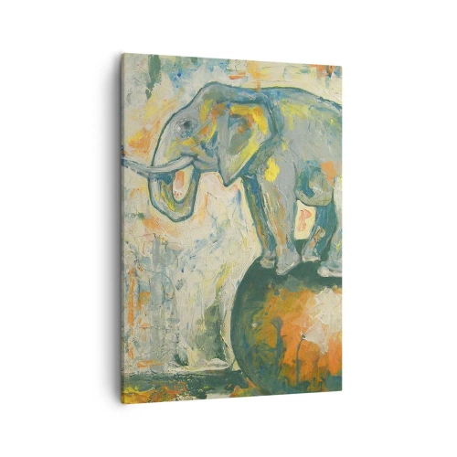 Cuadro sobre lienzo - Impresión de Imagen - Un elefante haciendo equilibrio sobre una pelota en un estilo artístico. - 50x70cm - ¡Viva el circo! - Decoración de pared moderna para salón y dormitorio ARTTOR