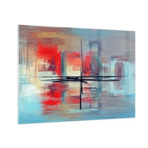 Cuadro sobre vidrio - Impresiones sobre Vidrio - Una abstracción colorida con rojo y azul, inspirada en un paisaje. - 70x50cm - Paisaje en una dimensión desconocida - Decoración de pared moderna para salón y dormitorio ARTTOR