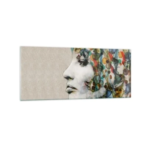 Cuadro sobre vidrio - Impresiones sobre Vidrio - Perfil de una mujer en colores de acuarela con un fondo abstracto - 120x50cm - Salió del gris - Decoración de pared moderna para salón y dormitorio ARTTOR