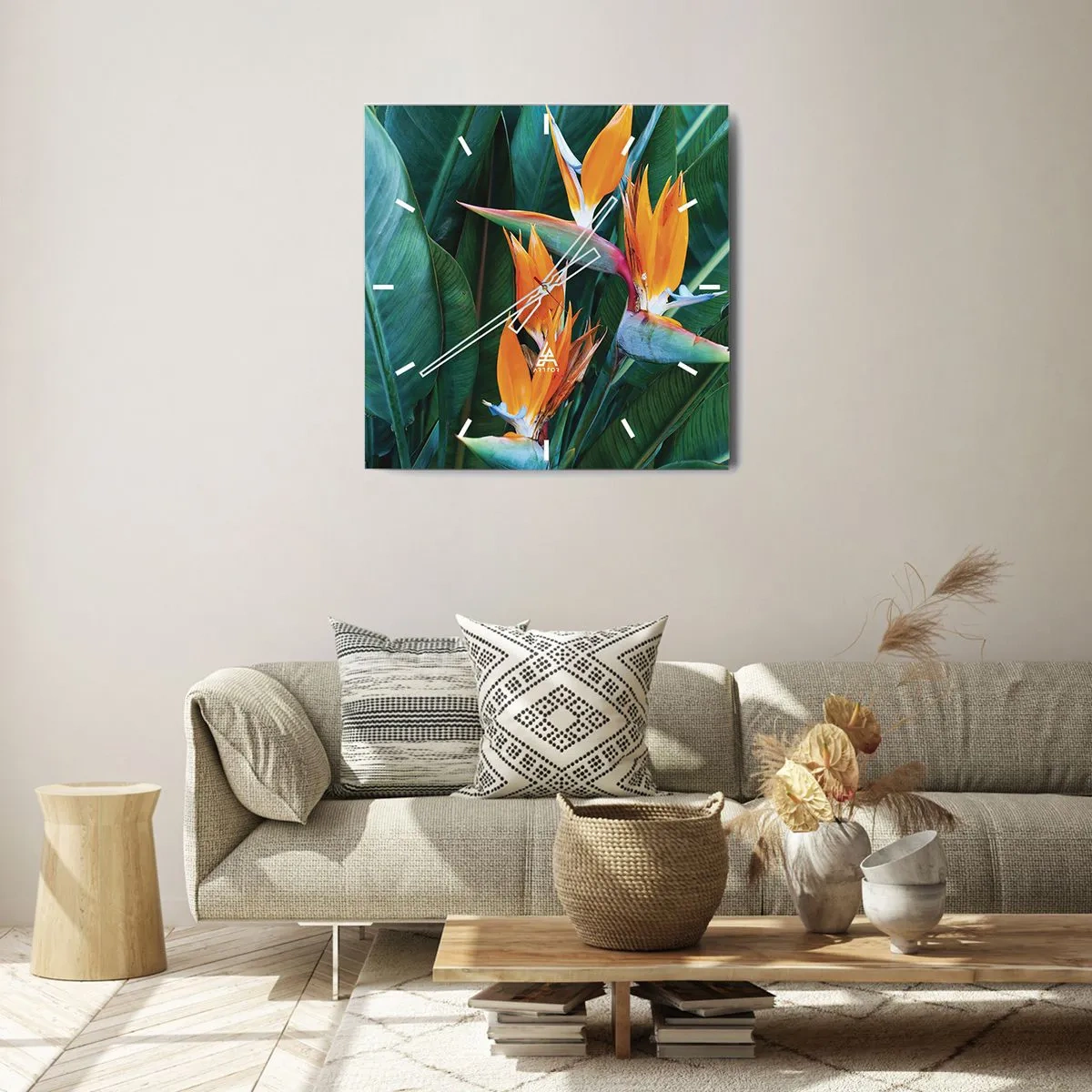Reloj de pared - Reloj de vidrio - Flores exóticas de strelitzia rodeadas de hojas verdes. - 30x30cm - ¿Es una flor o es un pájaro? - Decoración de pared moderna para salón y dormitorio ARTTOR