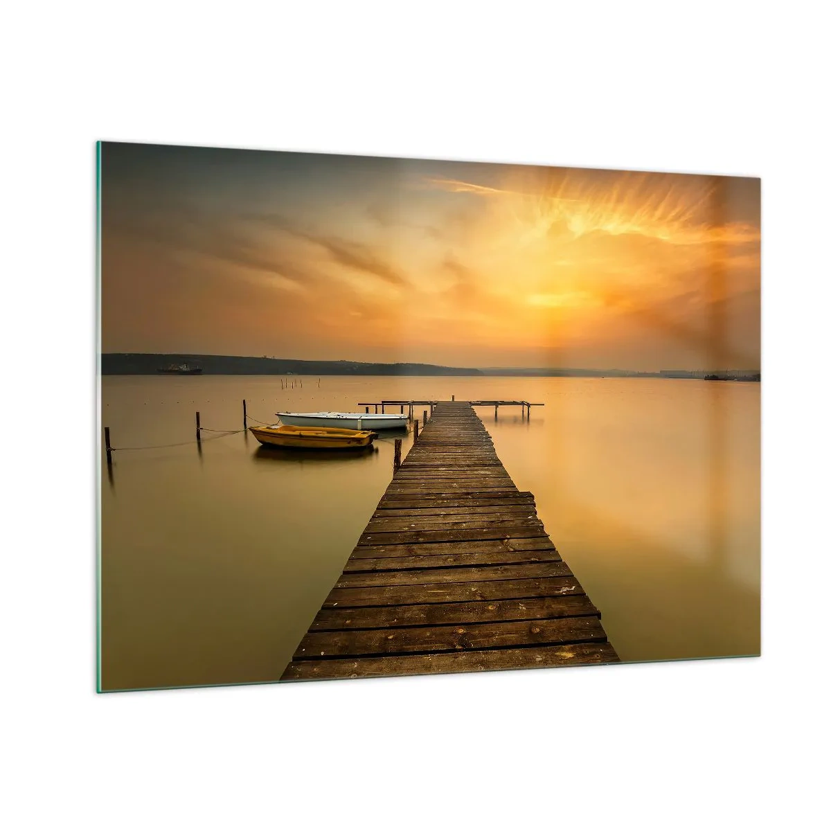 Cuadro sobre vidrio - Impresiones sobre Vidrio - Muelle en el lago al atardecer con un barco - 100x70cm - Abriré el cielo dorado para ti - Decoración de pared moderna para salón y dormitorio ARTTOR
