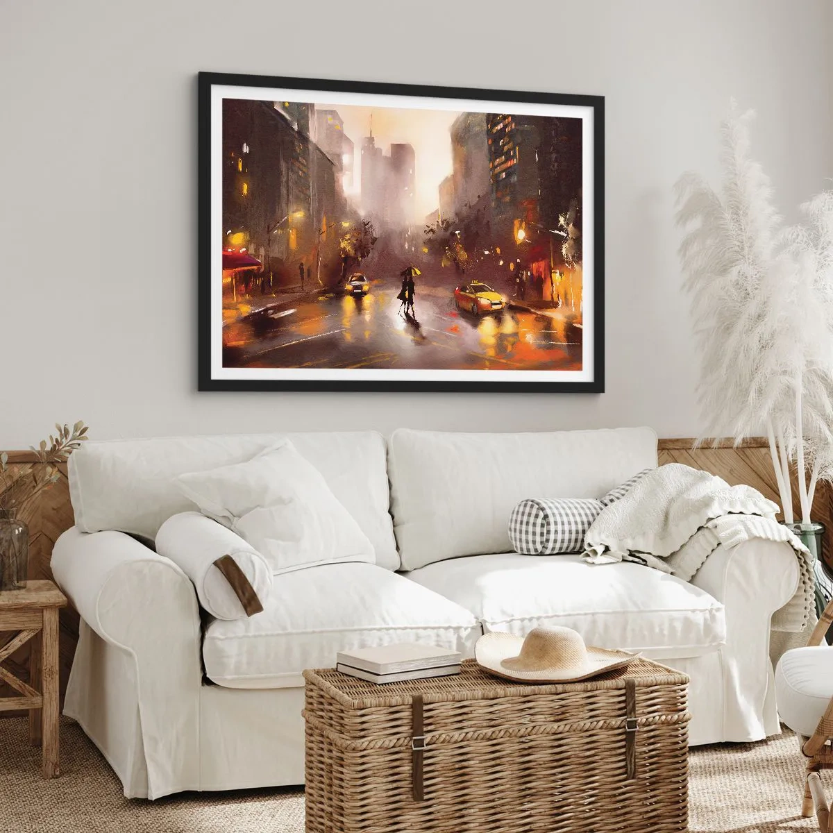 Póster en marco negro - Una escena urbana nocturna a la luz de las farolas y los reflejos en una calle mojada. - 70x50cm - En las luces de Nueva York - Decoración de pared moderna para salón y dormitorio ARTTOR