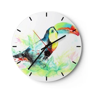 Reloj de pared - Reloj de vidrio - Tucán sobre un fondo de hojas tropicales en colores de acuarela. - 30x30cm - Colorido como América del Sur - Decoración de pared moderna para salón, cocina y dormitorio ARTTOR