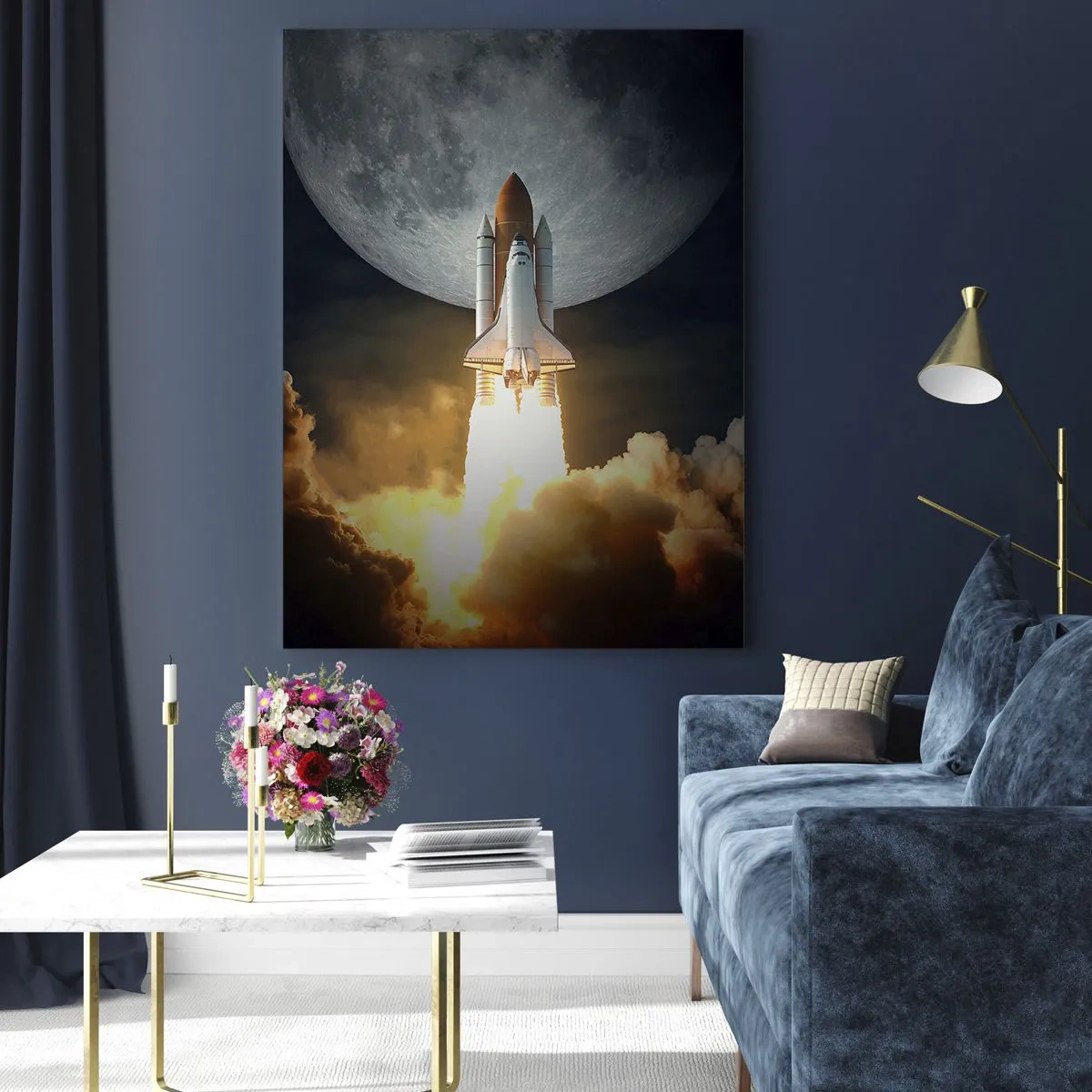 Cuadro sobre vidrio - Impresiones sobre Vidrio - Un cohete despegando con el telón de fondo de una luna llena rodeada de nubes dinámicas. - 70x100cm - El comienzo de una aventura sobrenatural - Decoración de pared moderna para salón y dormitorio ARTTOR