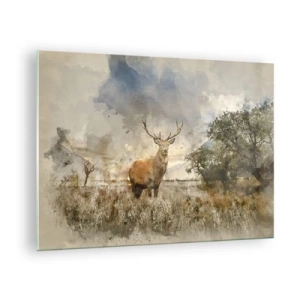 Cuadro sobre vidrio - Impresiones sobre Vidrio - Un ciervo en un paisaje natural con colores sutiles en el fondo. - 70x50cm - Dignidad - fuerza - encanto - Decoración de pared moderna para salón y dormitorio ARTTOR