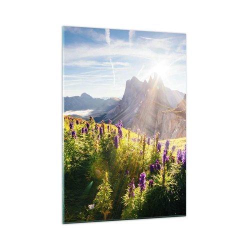 Cuadro sobre vidrio - Impresiones sobre Vidrio - Un prado de montaña lleno de flores con un telón de fondo de picos rocosos al amanecer. - 50x70cm - La vida secreta de las hierbas - Decoración de pared moderna para salón y dormitorio ARTTOR