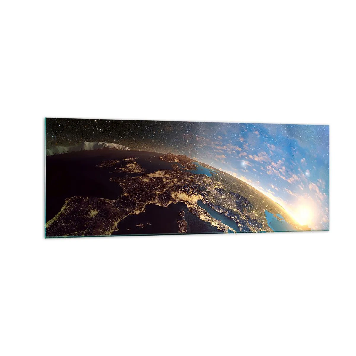 Cuadro sobre vidrio - Impresiones sobre Vidrio - Vista de la Tierra desde el espacio al amanecer - 140x50cm - Mirémonos a nosotros mismos desde la distancia - Decoración de pared moderna para salón y dormitorio ARTTOR