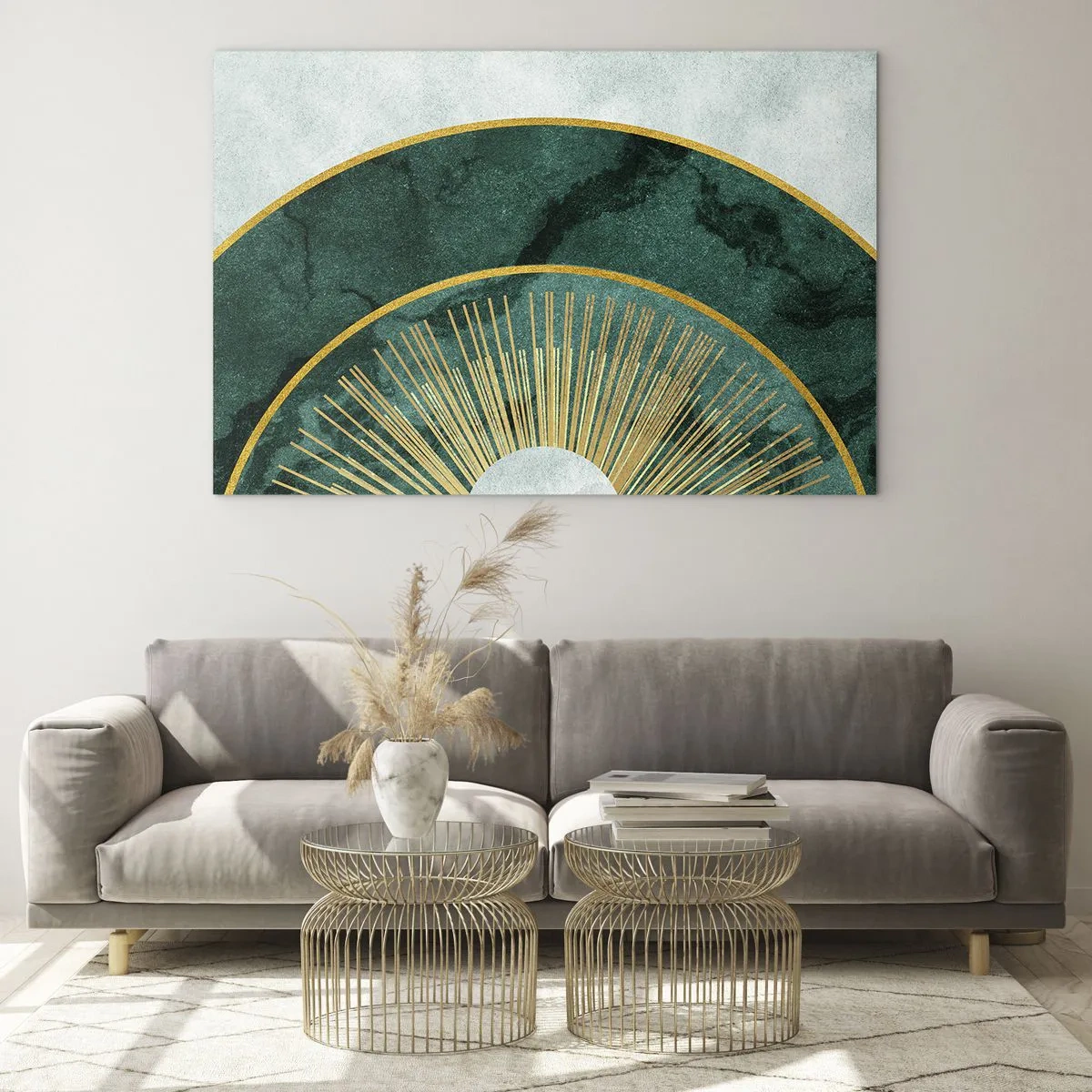 Cuadro sobre vidrio - Impresiones sobre Vidrio - Rayos dorados sobre un fondo de semicírculos verdes con estructura de mármol. - 70x50cm - Un sistema solar diferente - Decoración de pared moderna para salón y dormitorio ARTTOR