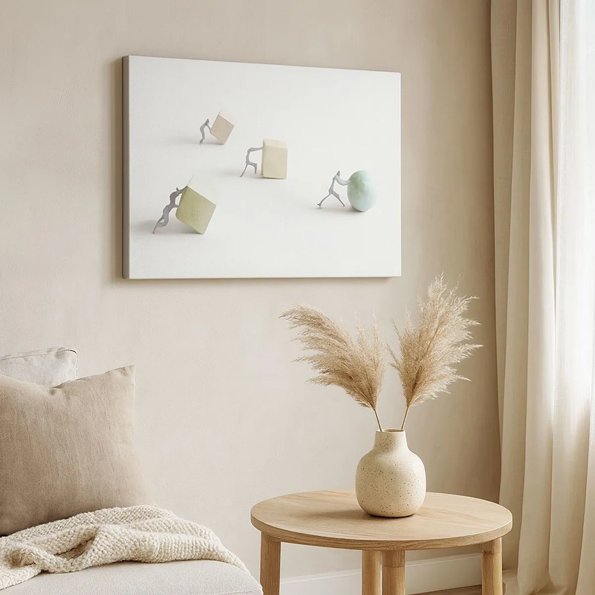 Cuadro sobre lienzo - Impresión de Imagen - Figuras en miniatura que empujan formas contra un fondo claro. - 70x50cm - El avance de la geometría - Decoración de pared moderna para salón y dormitorio ARTTOR